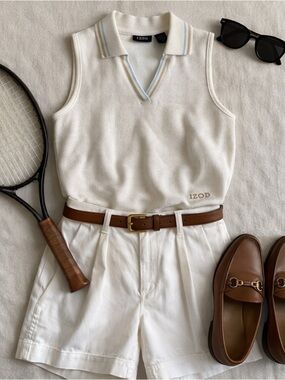 90s Tennis Club Knit Polo Tank Cream Ribbed Preppy Country Club Chic XS